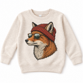 Fox wearing a beanie and mountain sunglasses printed on natural sweatshirt, front view
