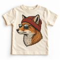 Fox wearing a beanie and mountain sunglasses printed on natural tee, front view
