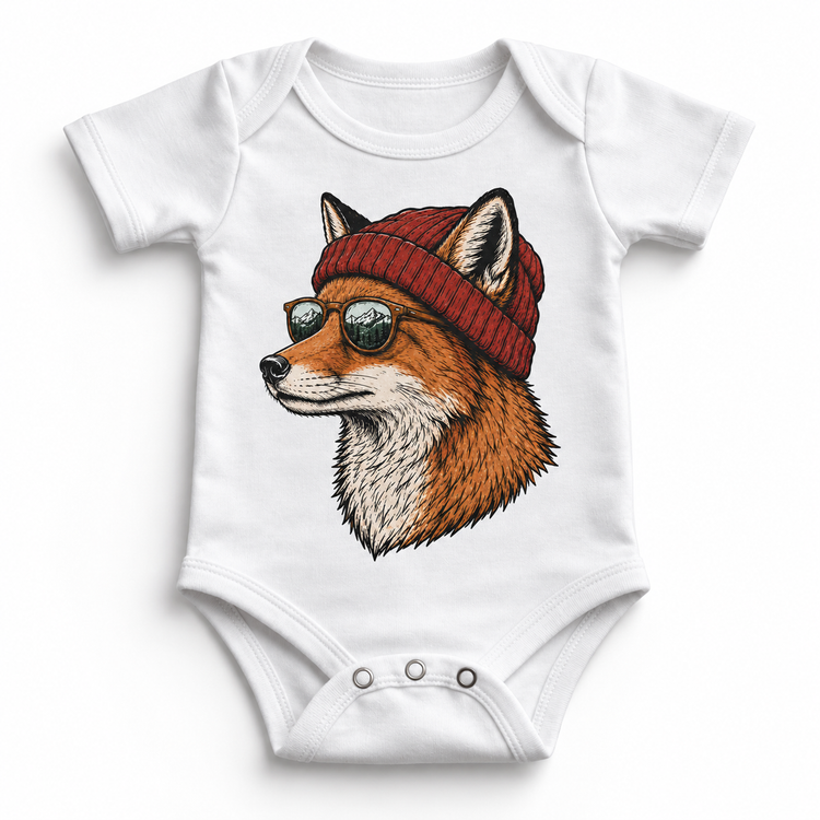 Fox wearing a beanie and mountain sunglasses printed on white bodysuit, front view