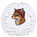 Fox wearing a beanie and mountain sunglasses printed on white long sleeve tee, front view