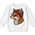 Fox wearing a beanie and mountain sunglasses printed on white sweatshirt, front view