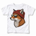 Fox wearing a beanie and mountain sunglasses printed on white tee, front view