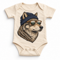 Wolf wearing a beanie and mountain sunglasses printed on natural bodysuit, front view