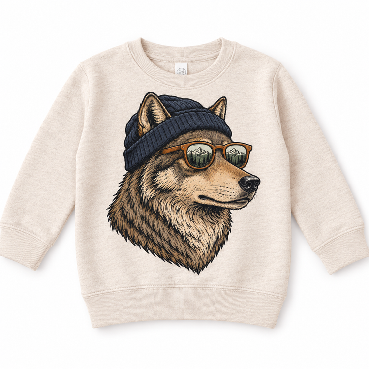 Wolf wearing a beanie and mountain sunglasses printed on natural sweatshirt, front view