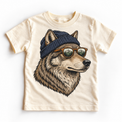 Wolf wearing a beanie and mountain sunglasses printed on natural tee, front view