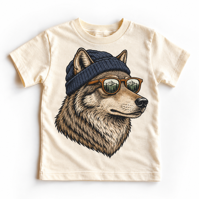 Wolf wearing a beanie and mountain sunglasses printed on natural tee, front view