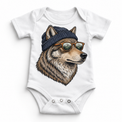 Wolf wearing a beanie and mountain sunglasses printed on white bodysuit, front view