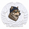 Wolf wearing a beanie and mountain sunglasses printed on white long sleeve tee, front view