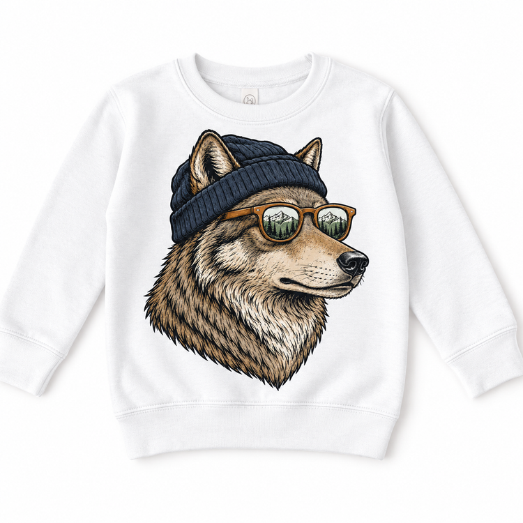 Wolf wearing a beanie and mountain sunglasses printed on white sweatshirt, front view