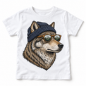 Wolf wearing a beanie and mountain sunglasses printed on white tee, front view