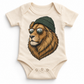 Lion wearing a beanie and mountain sunglasses printed on natural bodysuit, front view