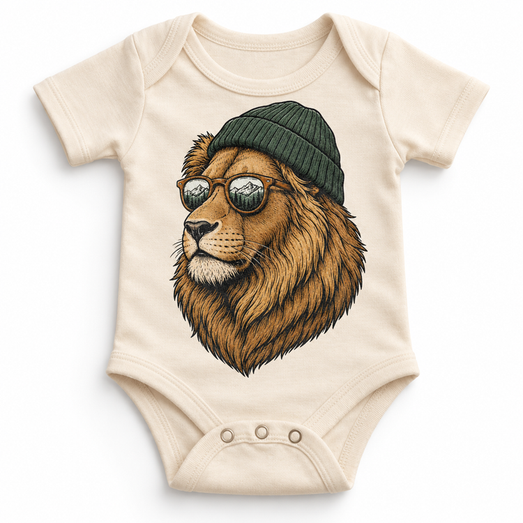 Lion wearing a beanie and mountain sunglasses printed on natural bodysuit, front view