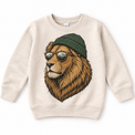 Lion wearing a beanie and mountain sunglasses printed on natural sweatshirt, front view