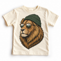 Lion wearing a beanie and mountain sunglasses printed on natural tee, front view
