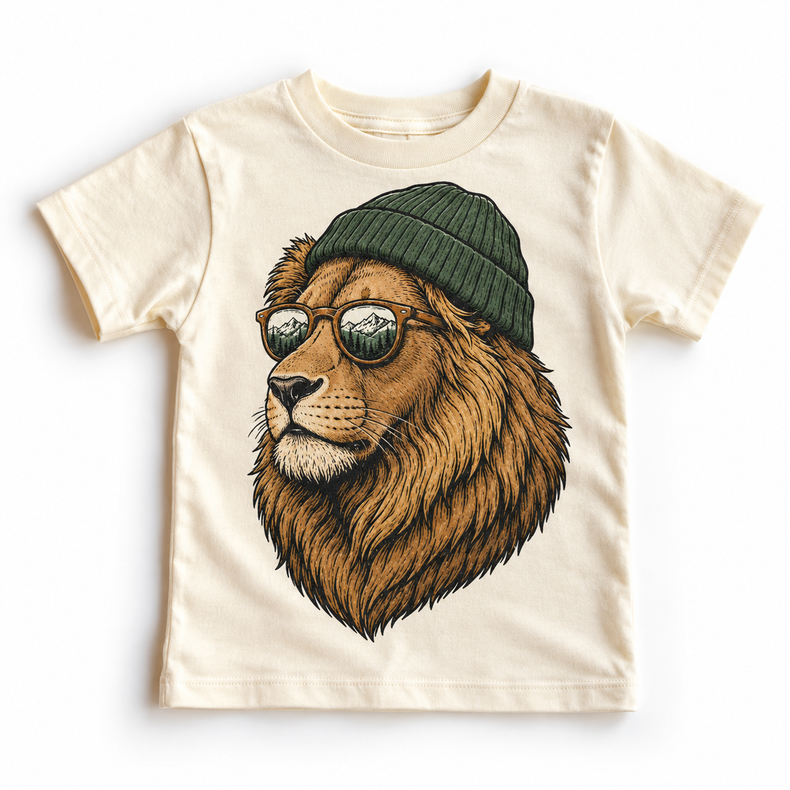 Lion wearing a beanie and mountain sunglasses printed on natural tee, front view