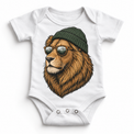 Lion wearing a beanie and mountain sunglasses printed on white bodysuit, front view