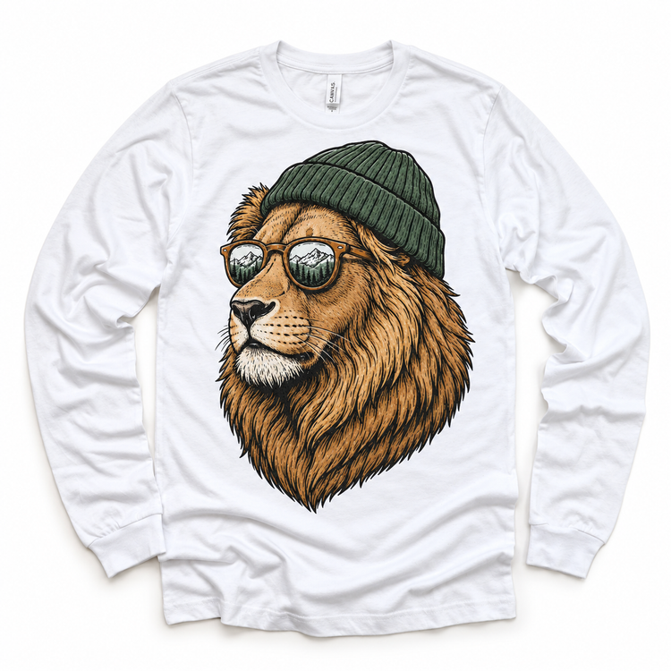 Lion wearing a beanie and mountain sunglasses printed on white long sleeve tee, front view