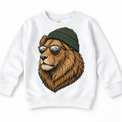 Lion wearing a beanie and mountain sunglasses printed on white sweatshirt, front view