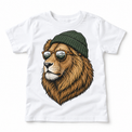 Lion wearing a beanie and mountain sunglasses printed on white tee, front view