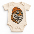 Tiger wearing a beanie and mountain sunglasses printed on natural bodysuit, front view