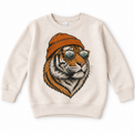 Tiger wearing a beanie and mountain sunglasses printed on natural sweatshirt, front view