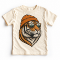 Tiger wearing a beanie and mountain sunglasses printed on natural tee, front view