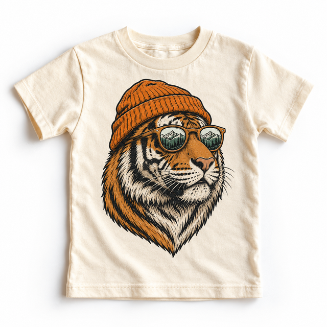 Tiger wearing a beanie and mountain sunglasses printed on natural tee, front view