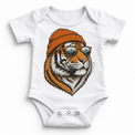 Tiger wearing a beanie and mountain sunglasses printed on white bodysuit, front view