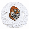 Tiger wearing a beanie and mountain sunglasses printed on white long sleeve tee, front view