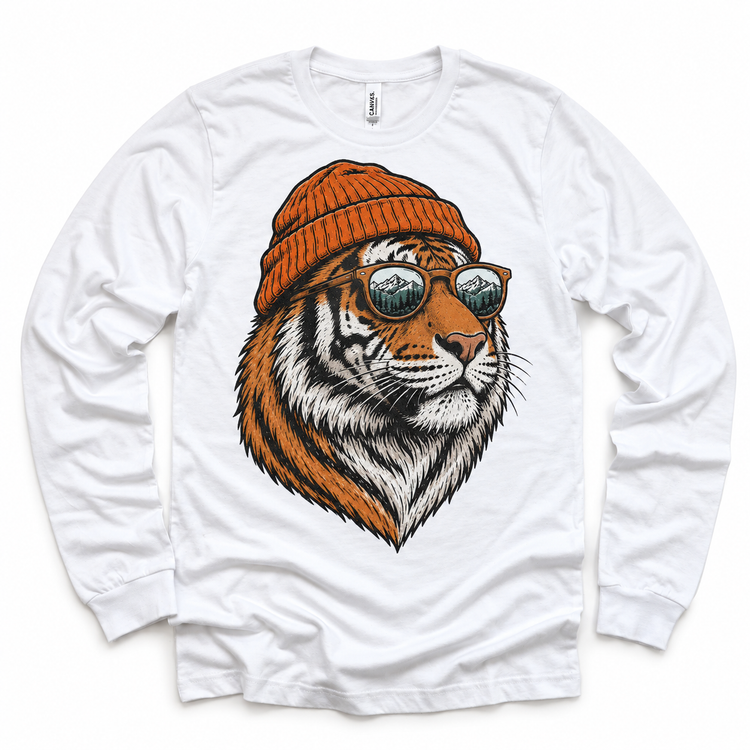 Tiger wearing a beanie and mountain sunglasses printed on white long sleeve tee, front view