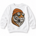 Tiger wearing a beanie and mountain sunglasses printed on white sweatshirt, front view