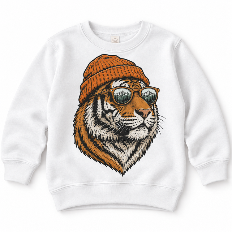 Tiger wearing a beanie and mountain sunglasses printed on white sweatshirt, front view