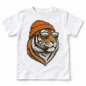 Tiger wearing a beanie and mountain sunglasses printed on white tee, front view