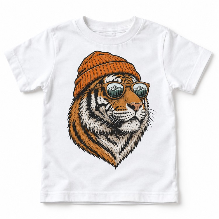 Tiger wearing a beanie and mountain sunglasses printed on white tee, front view