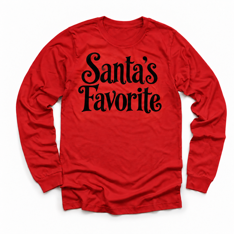 Santa's Favorite Christmas shirt features elegant black lettering with curled details. Shown on red longsleeve, front view.
