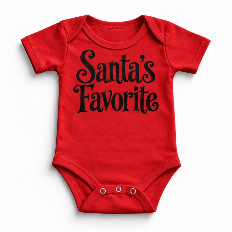 Santa's Favorite Christmas shirt features elegant black lettering with curled details. Shown on red onesie, front view.