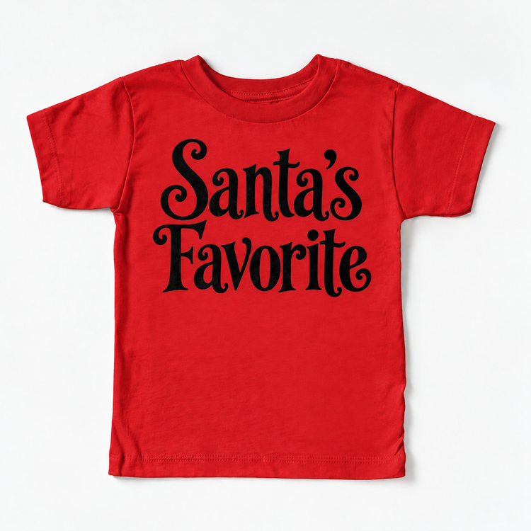 Santa's Favorite Christmas shirt features elegant black lettering with curled details. Shown on red tee, front view.