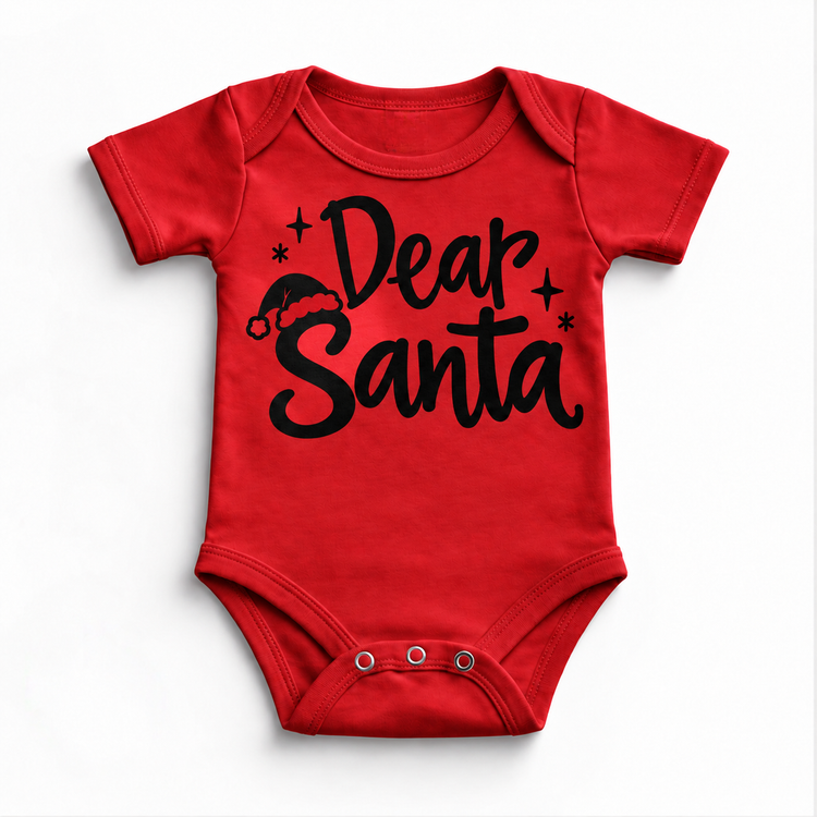 Dear Santa Christmas shirt features black script lettering, a Santa hat and stars. Shown on red onesie, front view.