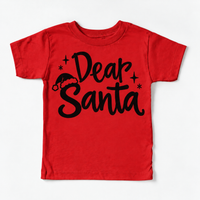Dear Santa Christmas shirt features black script lettering, a Santa hat and stars. Shown on red tee, front view.