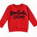 Dear Santa I Can Explain shirt features black brush lettering and a sweeping underline. Shown on red sweatshirt, front view.
