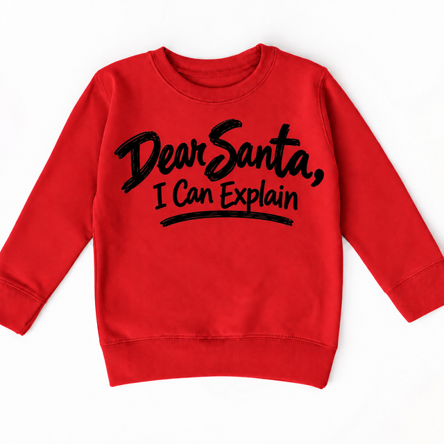 Dear Santa I Can Explain shirt features black brush lettering and a sweeping underline. Shown on red sweatshirt, front view.