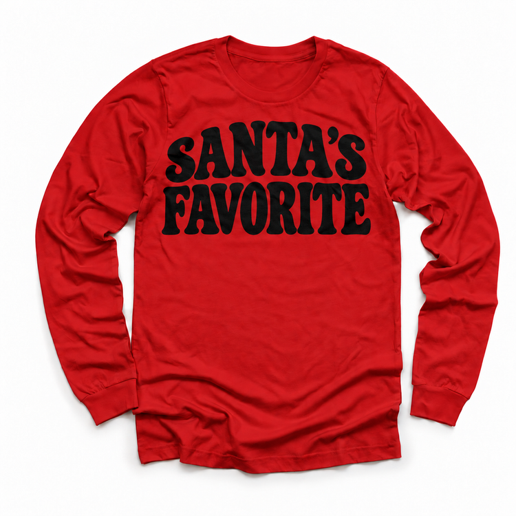 Santa's Favorite retro Christmas shirt features bold black uppercase lettering in two lines. Shown on red longsleeve, front view.