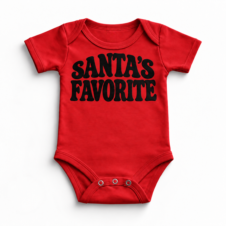 Santa's Favorite retro Christmas shirt features bold black uppercase lettering in two lines. Shown on red onesie, front view.