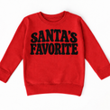 Santa's Favorite retro Christmas shirt features bold black uppercase lettering in two lines. Shown on red sweatshirt, front view.