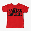 Santa's Favorite retro Christmas shirt features bold black uppercase lettering in two lines. Shown on red tee, front view.