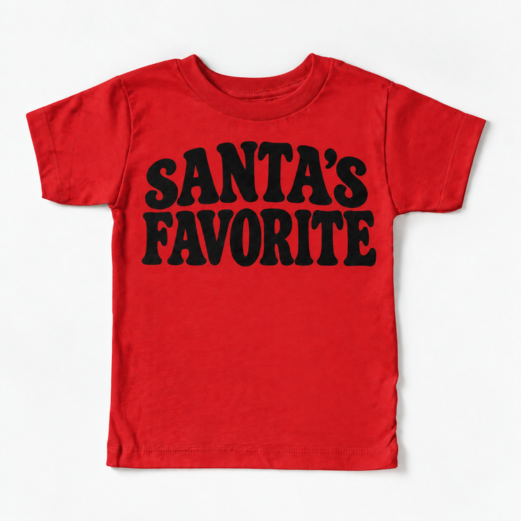 Santa's Favorite retro Christmas shirt features bold black uppercase lettering in two lines. Shown on red tee, front view.