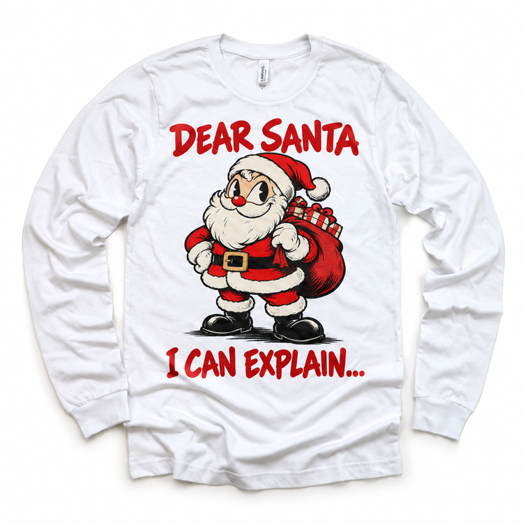 Dear Santa I Can Explain Christmas design on white long sleeve tee