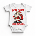 Dear Santa I Can Explain Christmas design on white onesie