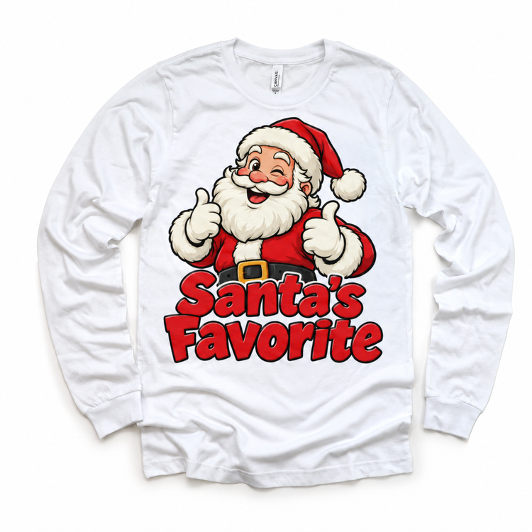 Santa’s Favorite Christmas design on white long sleeve tee