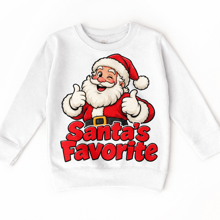 Santa’s Favorite Christmas design on white sweatshirt